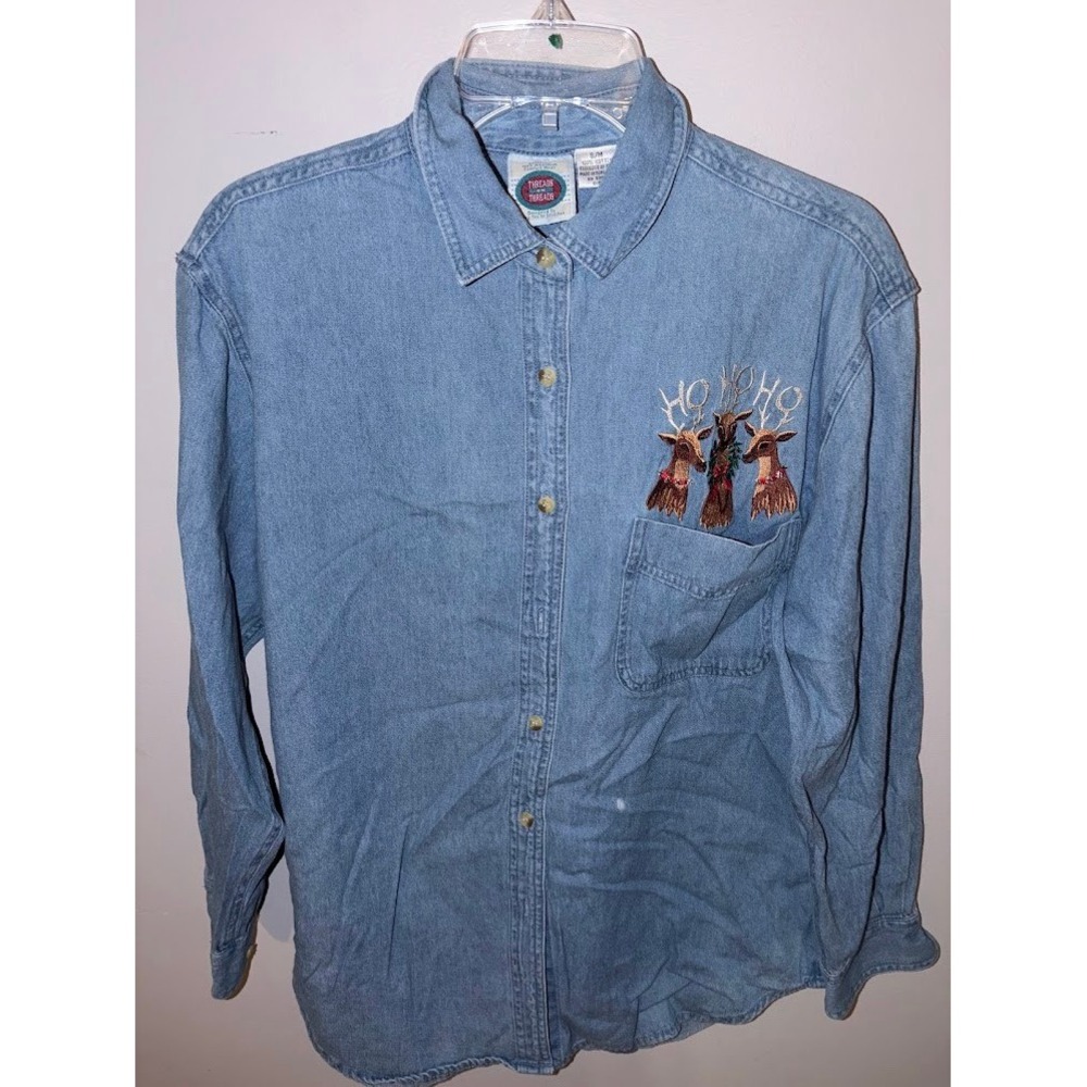 Threads 4 Threads Womens Denim Shirt Reindeer Ho Ho Ho Holiday Blue Cotton S/M - Picture 2 of 3